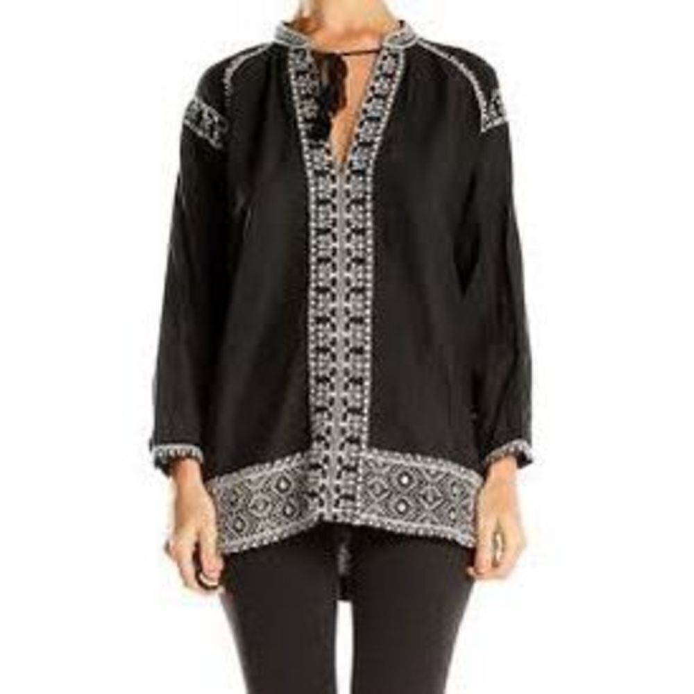 MADEWELL | navy white embroidered camelia tassel top M